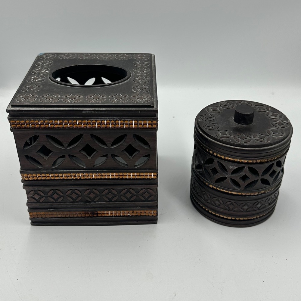 2pc Bathroom Vanity Set Tissue Box Cover Lidded Canister Bronze Gold Rhinestone‎